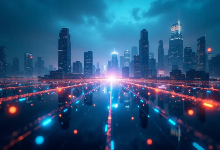 Visão panorâmica de uma cidade futurista representando a IA generativa.