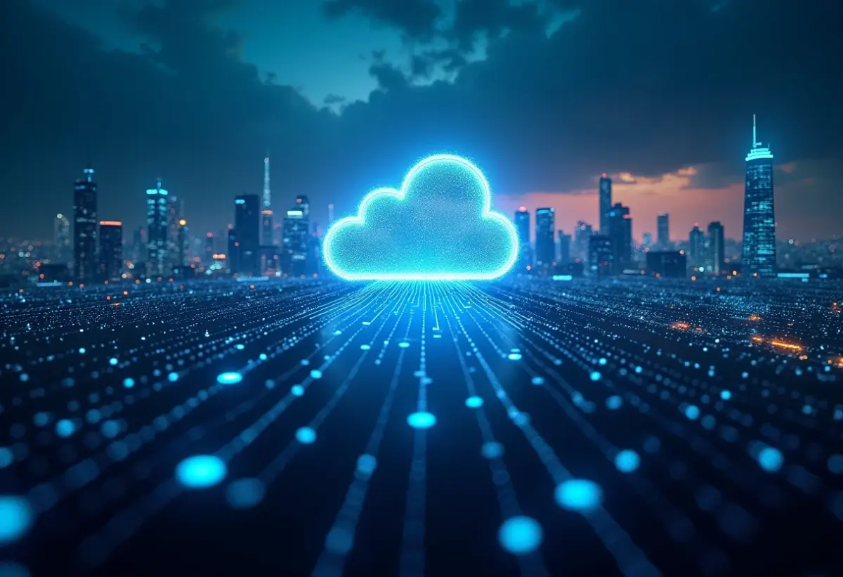 PaaS, IaaS ou SaaS: Qual a diferença e qual escolher? Visão panorâmica de uma metrópole futurista com fluxos de dados luminosos representando a computação em nuvem.