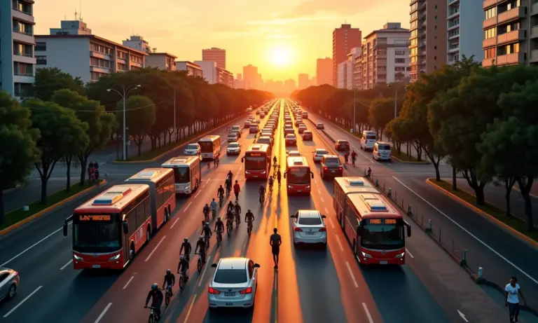 Vista aérea de uma cidade brasileira com diversas opções de transporte.