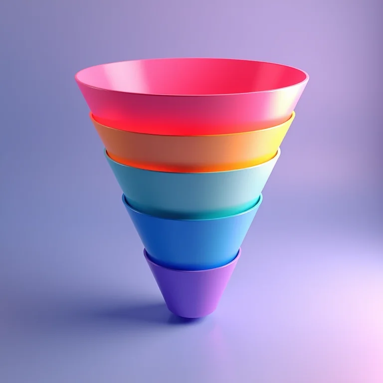 Visualização abstrata de um funil de vendas com diferentes etapas