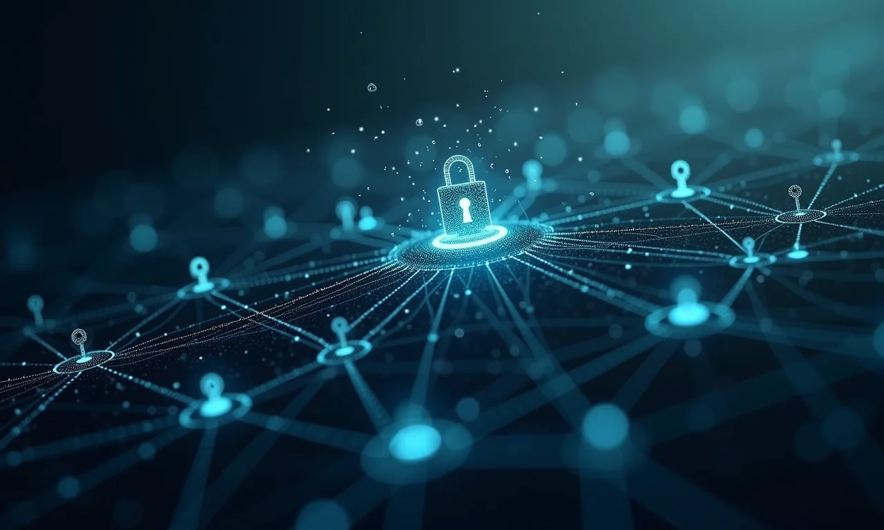 Visualização de rede blockchain com nós interconectados e paleta de cores vibrante.