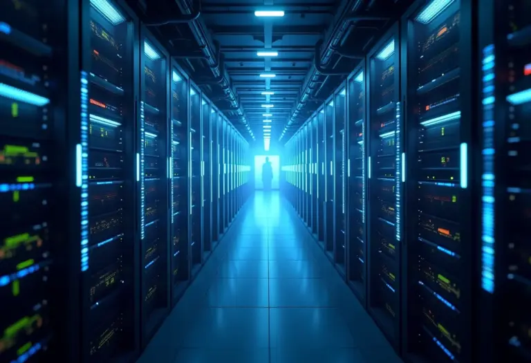Visualização de um data center em nuvem, representando a infraestrutura de serviços PaaS, IaaS e SaaS.