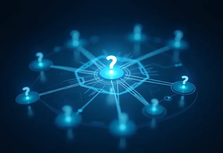 Visualização de um mapa de perguntas e respostas interconectadas em um display holográfico.
