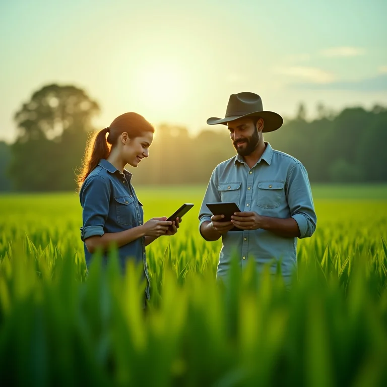 Agricultores analisando dados de plantio em tablets