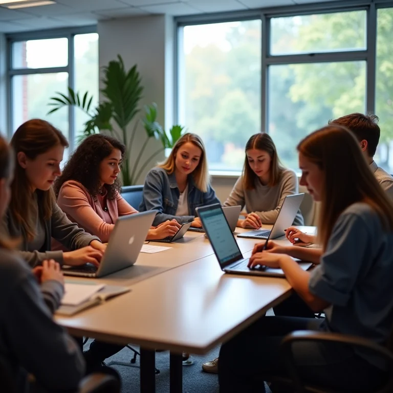 Alunos diversos usando tecnologia em sala de aula