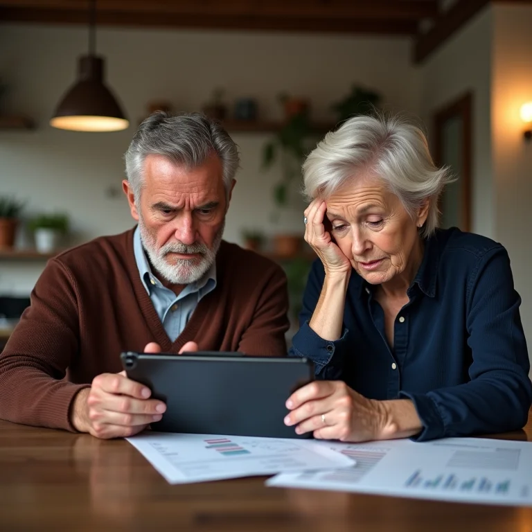 Casal idoso preocupado com investimentos em tablet