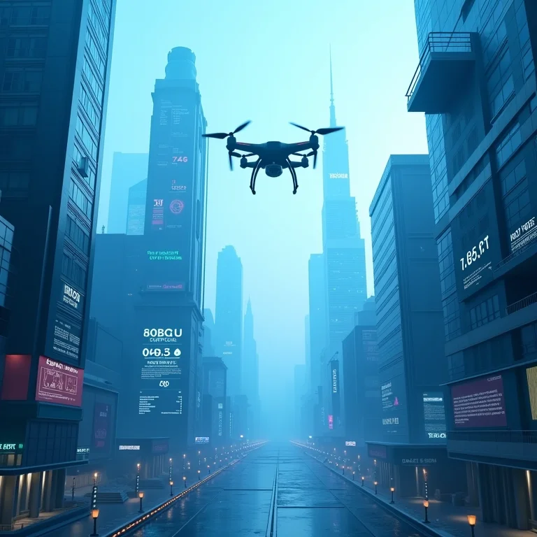 Cidade futurista com sistemas avançados de vigilância.