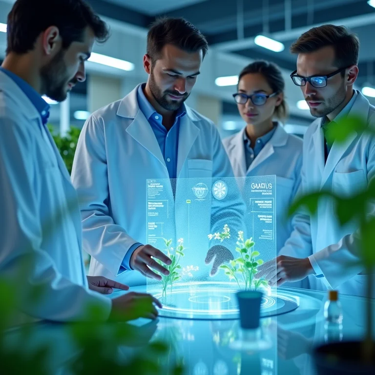 Cientistas analisando amostras de plantações em um laboratório de alta tecnologia.
