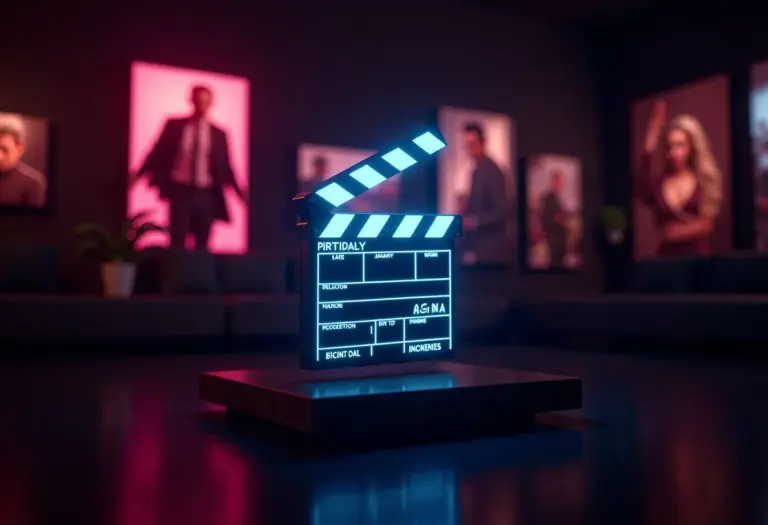 Inovação no Cinema: 5 filmes que vão te inspirar a criar Clapboard estilizado com projeções holográficas de filmes.