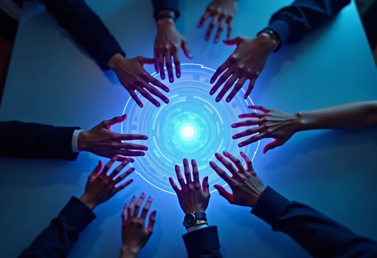 Colaboradores trabalhando em ambiente de alta tecnologia