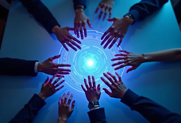 Colaboradores trabalhando em ambiente de alta tecnologia