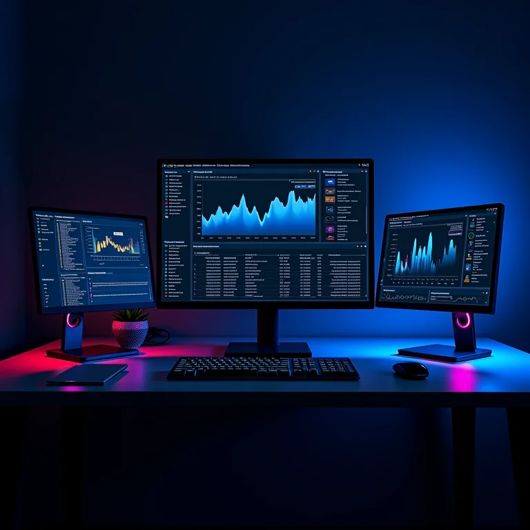Diversos painéis de software exibindo dados analíticos em uma mesa escura.