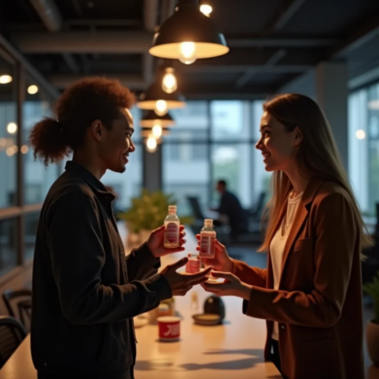 Empreendedor oferecendo amostra de produto a cliente em coworking