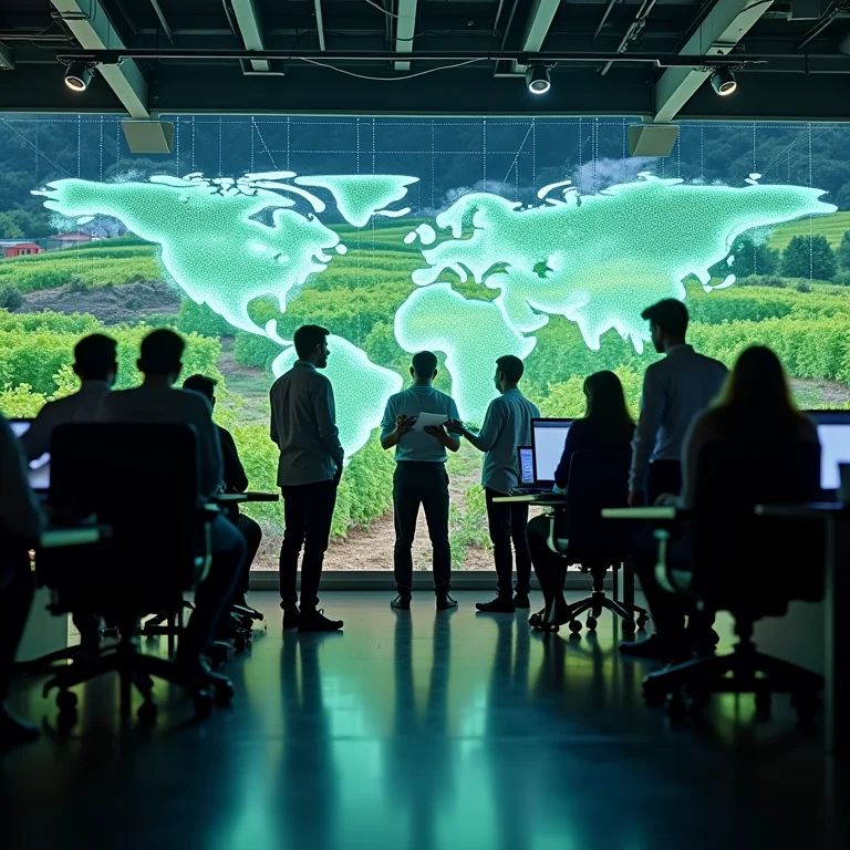 Engenheiros trabalhando em uma plataforma de agricultura inteligente em um display holográfico.