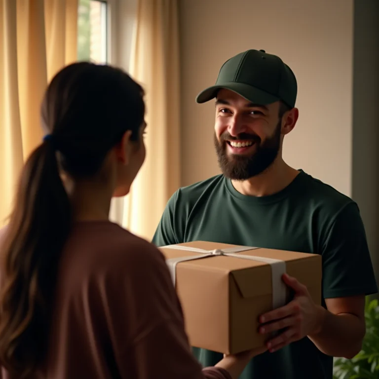 Entregador diverso entregando encomenda para cliente sorridente em sua casa.