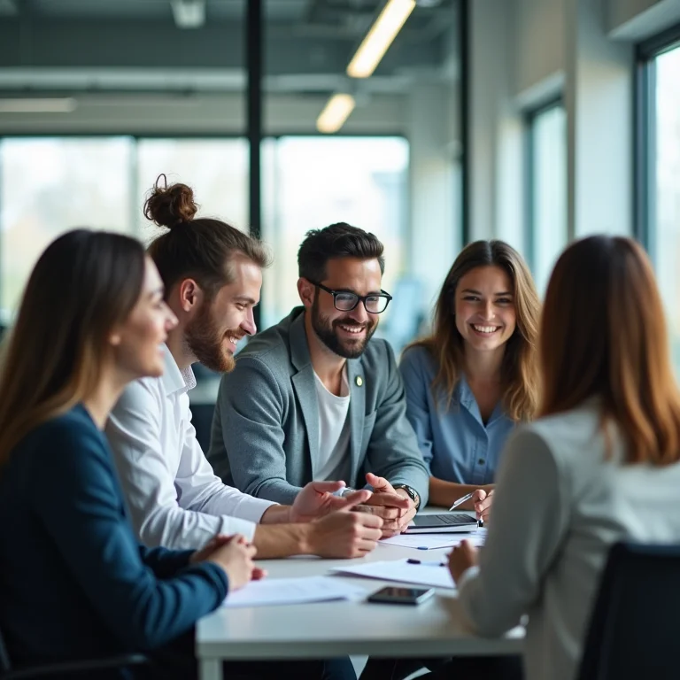 Equipe diversa colaborando em ambiente de trabalho transparente.