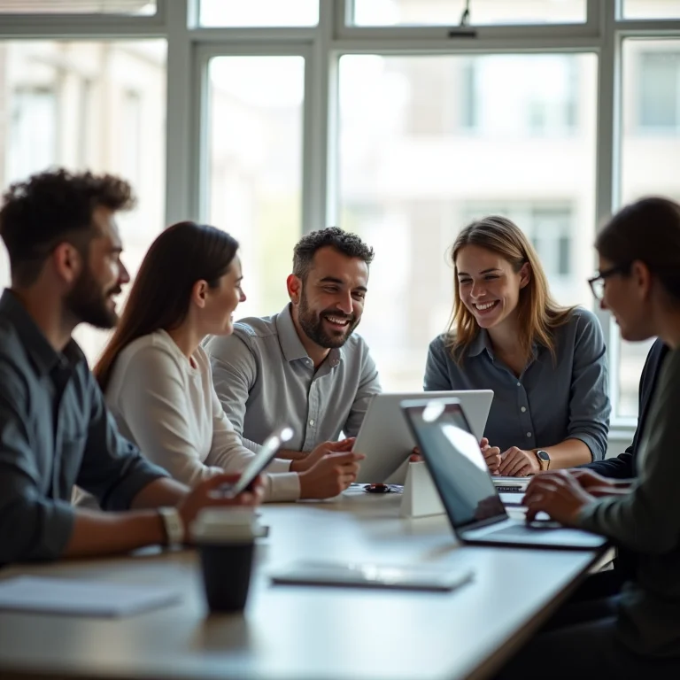 Equipe diversa colaborando em comunicação aberta.