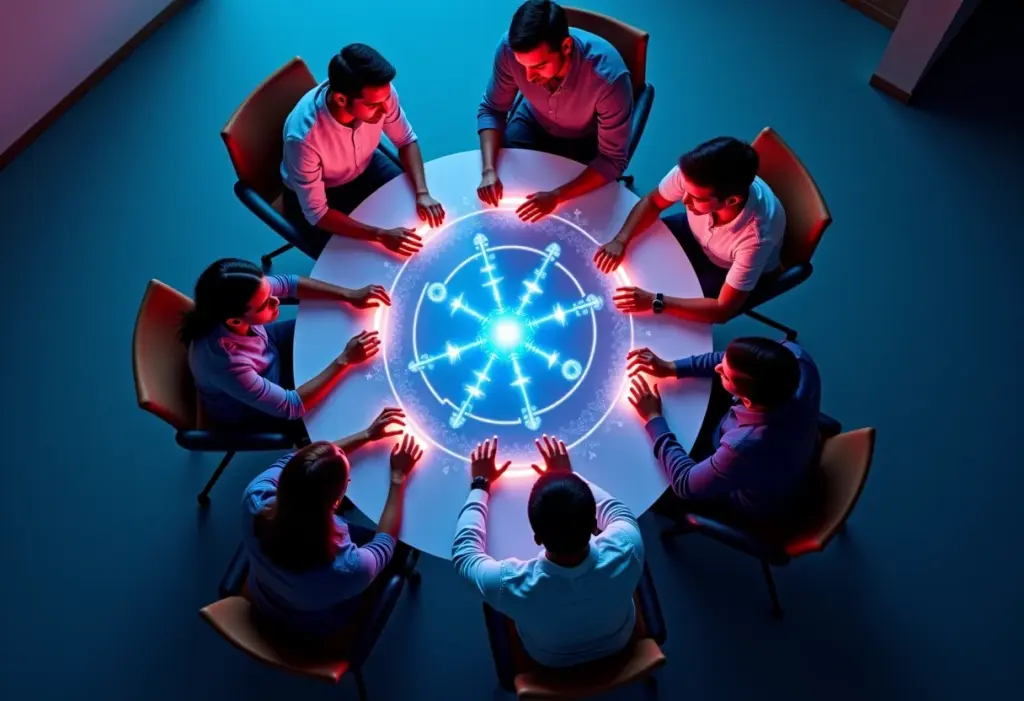 Equipe diversa colaborando em daily scrum com tecnologia.