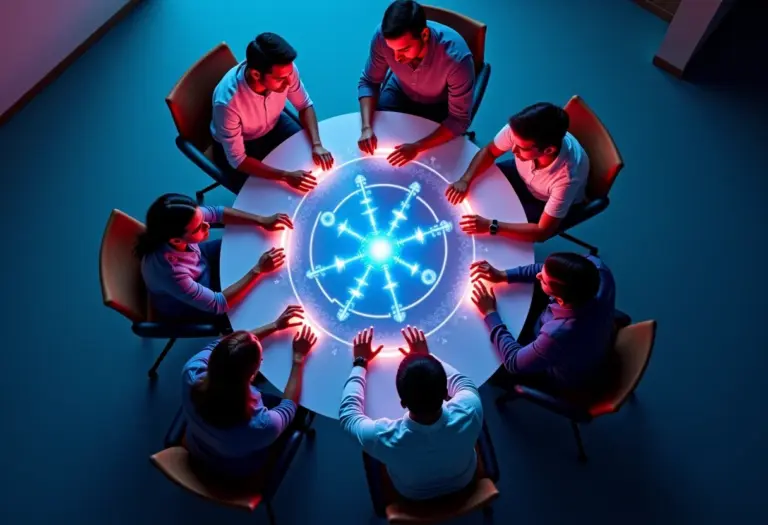 Equipe diversa colaborando em daily scrum com tecnologia.