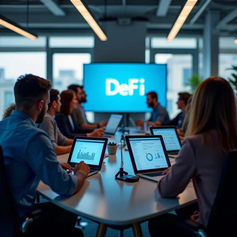 Equipe diversa colaborando em plataformas DeFi em um escritório moderno.