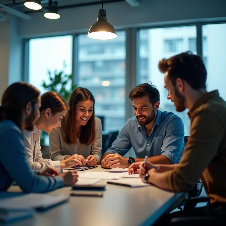 Equipe diversa colaborando em projeto, representando valorização do capital humano