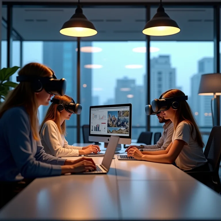 Equipe diversa colaborando remotamente utilizando Head Mounted Displays para design virtual.