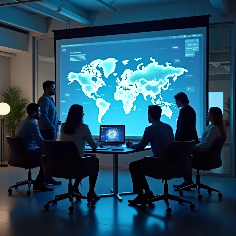 Equipe diversificada trabalhando em projeção holográfica.