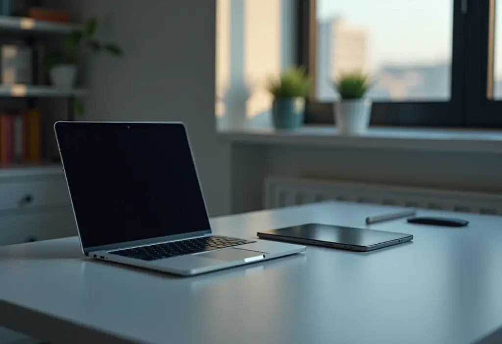 Espaço de trabalho moderno com laptop e tablet
