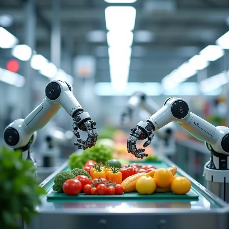 Fábrica de processamento de alimentos futurista com braços robóticos.