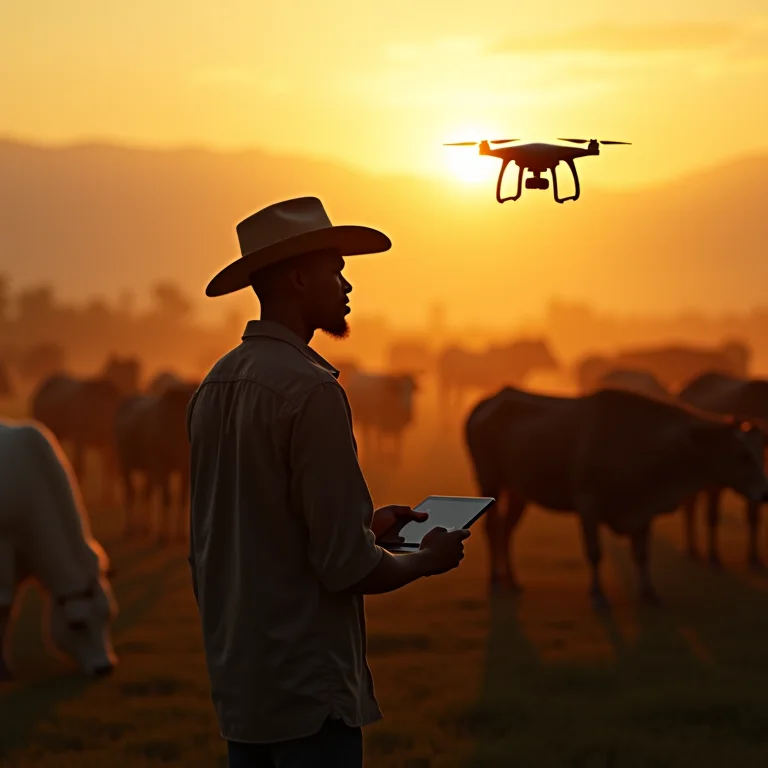 Família de fazendeiros cuidando do gado com a ajuda de drones modernos.