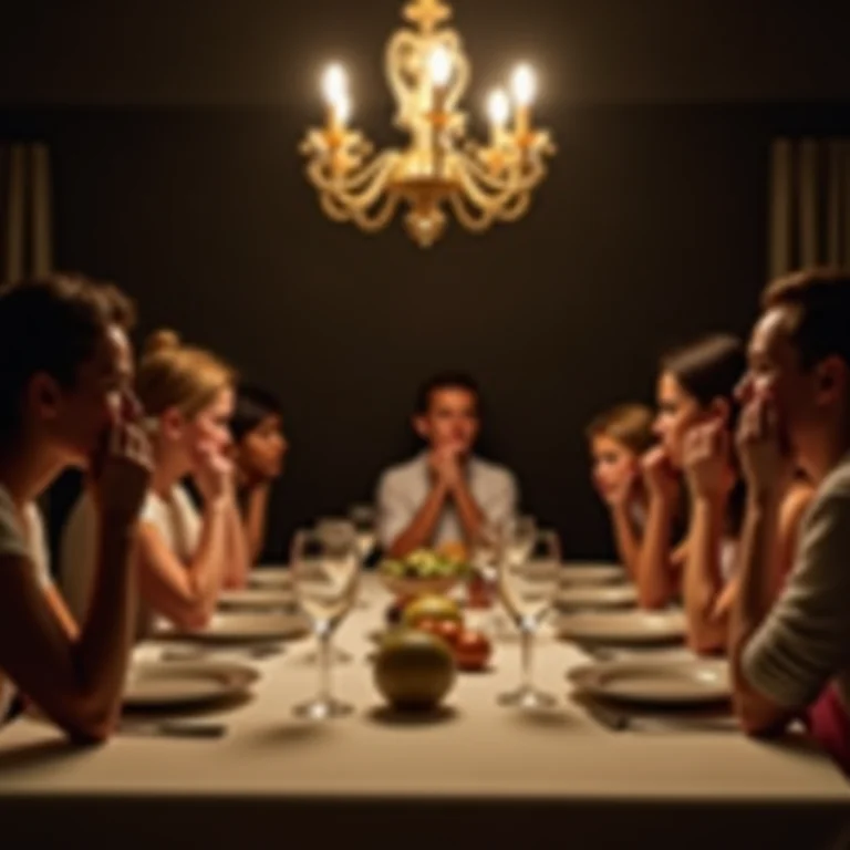 Família diversa em clima tenso ao redor de mesa de jantar