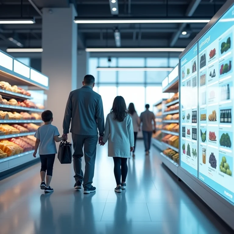 Família diversa fazendo compras em um supermercado futurista, representando os impactos da reforma tributária no consumidor.