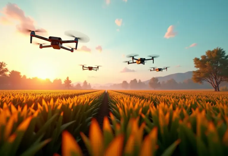 Fazenda futurista com drones monitorando plantações