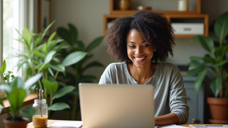 Professora de inglês online ensinando em casa.