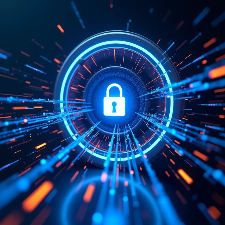 Fluxo de dados convergindo em um cofre seguro via blockchain.