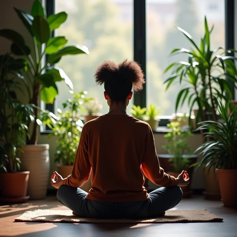 Funcionária praticando meditação no trabalho