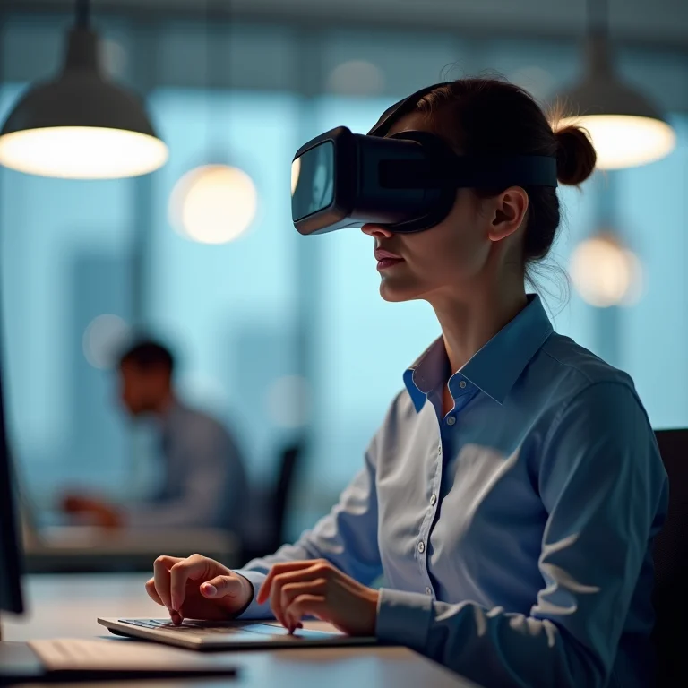 Funcionário utilizando realidade virtual para treinamento com blockchain.