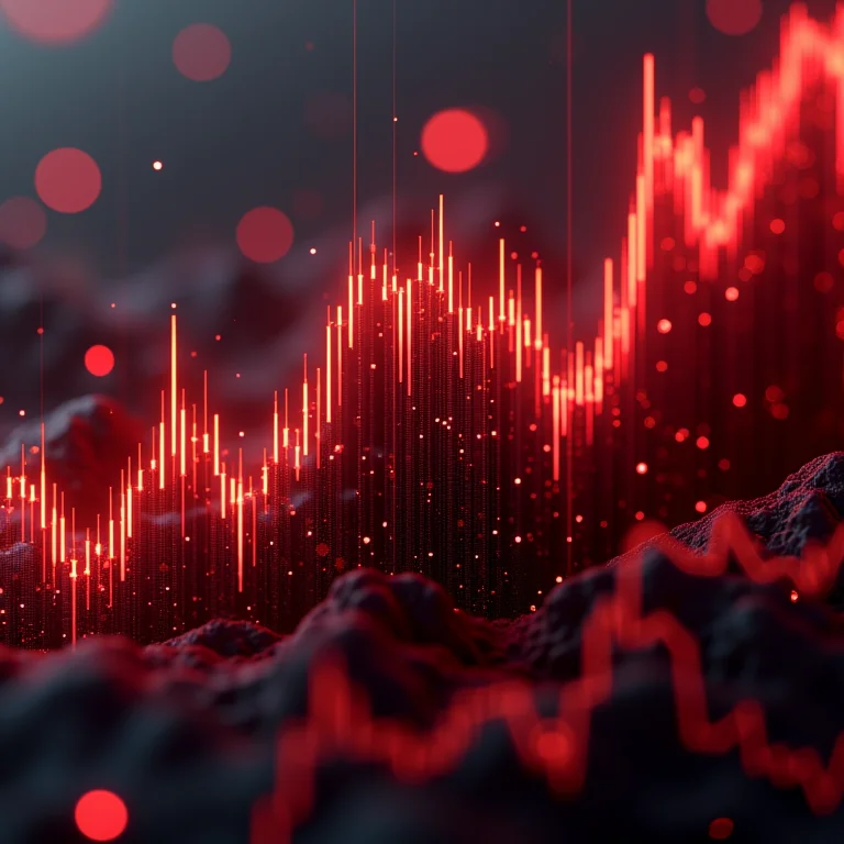 Gráfico de criptomoeda volátil sobreposto a um prédio virtual.