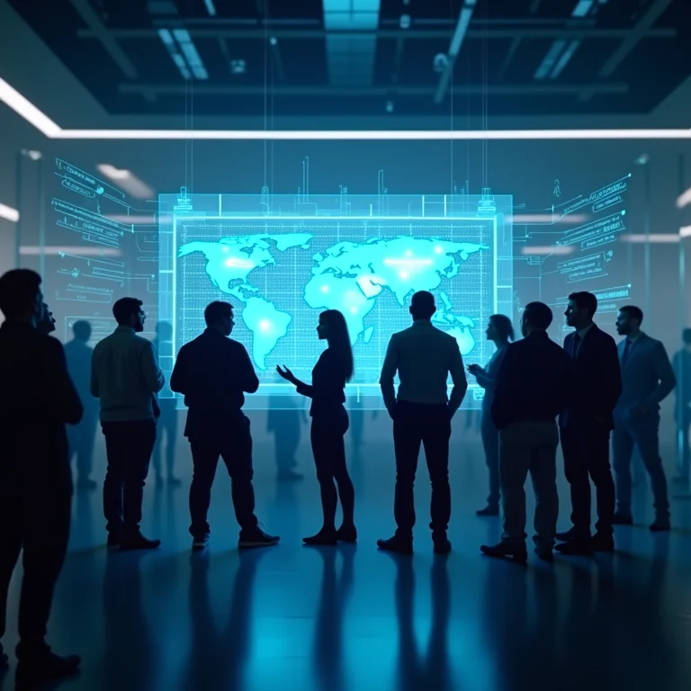 Grupo diverso de pessoas analisando dados em uma tela holográfica.