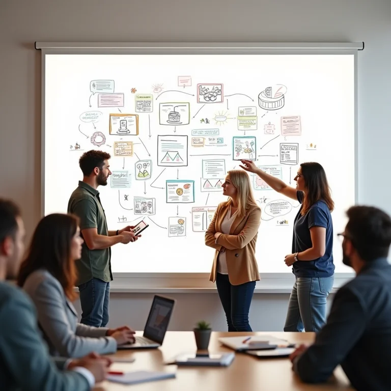 Grupo diverso de pessoas em brainstorming para oportunidades inovadoras.