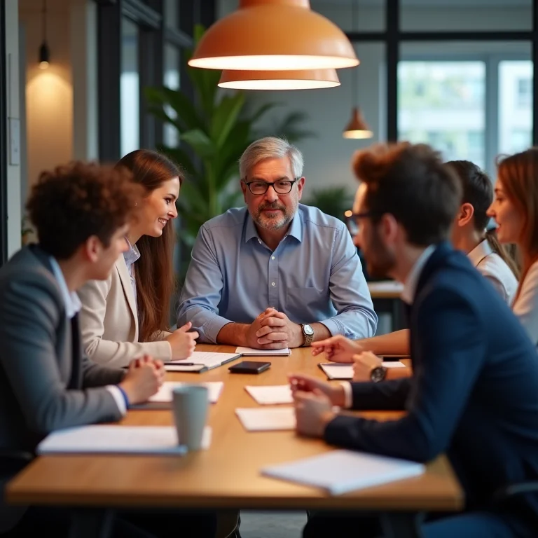 Grupo diverso recebendo mentoria, representando desenvolvimento de líderes.