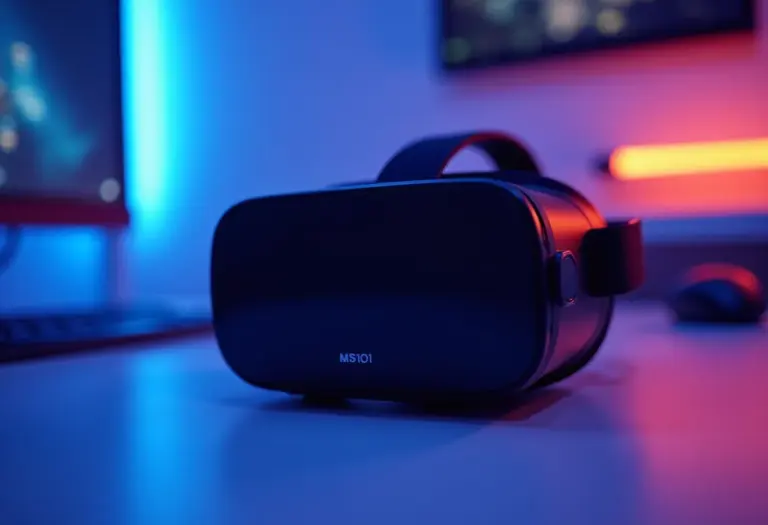 Head Mounted Display moderno em ambiente minimalista com iluminação neon.