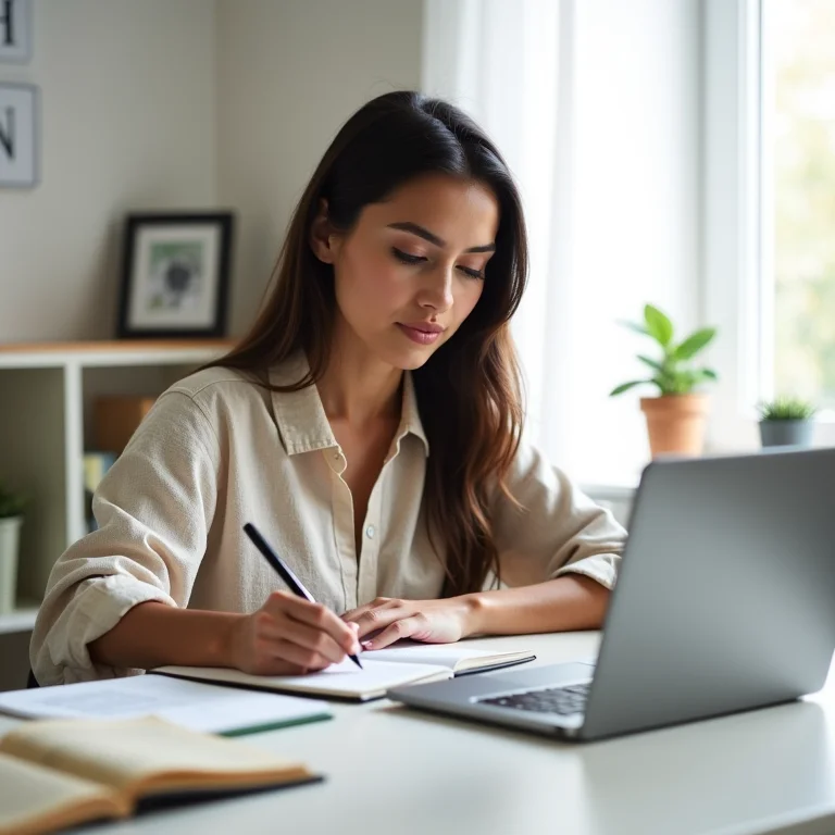 Jovem definindo objetivos financeiros em um escritório minimalista.