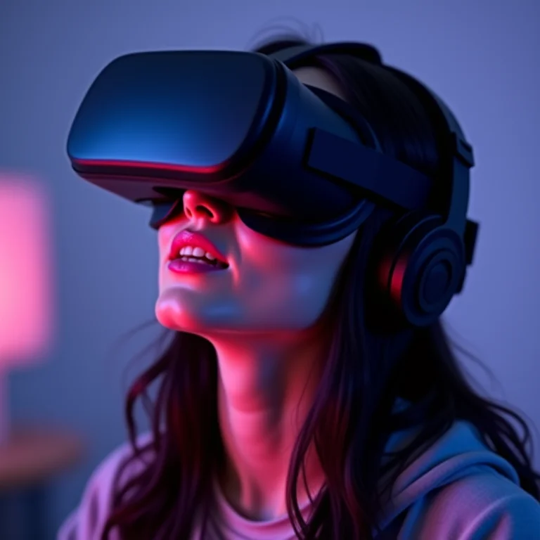 Jovem gamer imersa em um jogo de realidade virtual utilizando um Head Mounted Display.