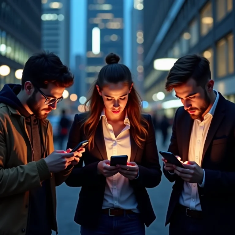 Jovens ansiosos verificando seus telefones em busca de dicas de investimento
