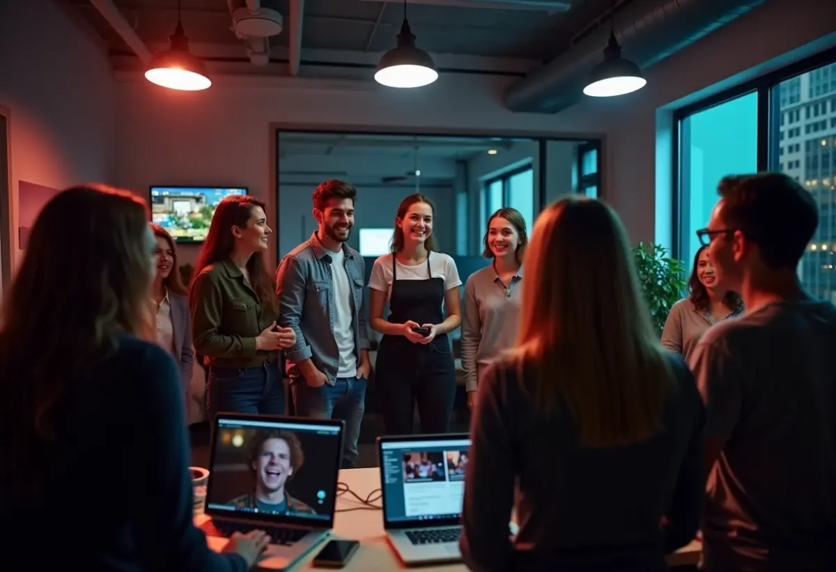YouTube: O guia para ganhar dinheiro (de verdade) em 2024 Jovens criando conteúdo para o YouTube em espaço de coworking moderno.