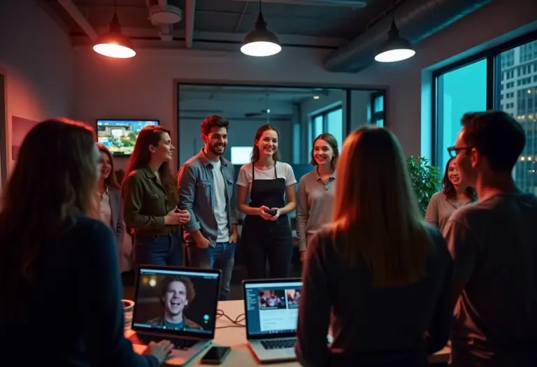 Jovens criando conteúdo para o YouTube em espaço de coworking moderno.