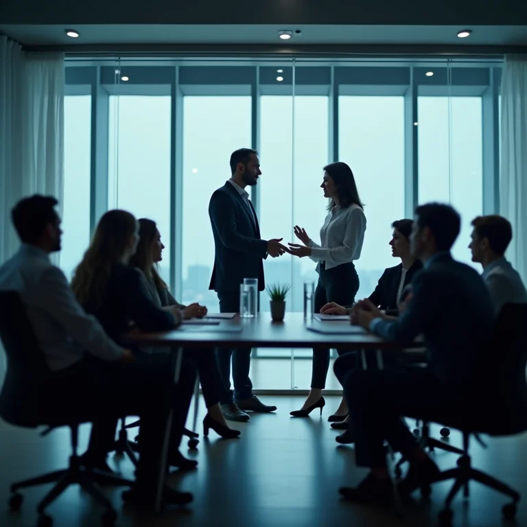 Líder interagindo com a equipe em escritório transparente.