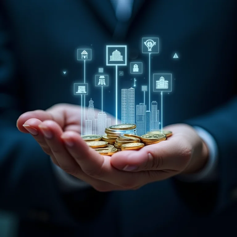 Mão segurando tokens de propriedades virtuais diversificadas.
