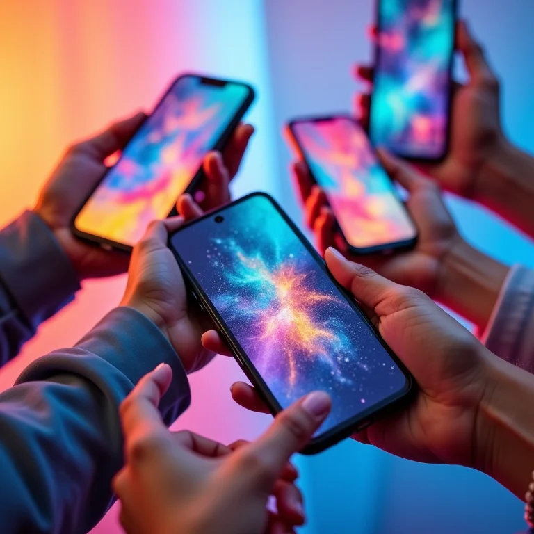 Mãos diversas segurando smartphones exibindo NFTs.
